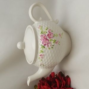 Teleflora Pink Floral Basketweave Ceramic Teapot